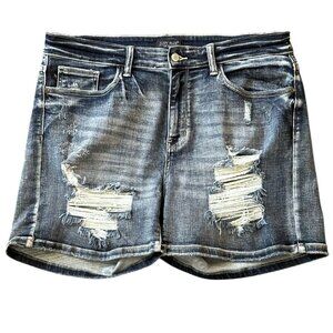 Judy Blue Dark Wash Distressed Mid Rise Denim Shorts Stretch Frayed Hem Plus 1XL